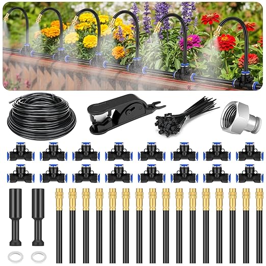 98 ft Drip Irrigation Kit 5/16 Tube Automatic Watering System with 30pcs 360° Adjustable Brass Nozzles Water Saving DIY for Garden Lawn Yard Greenhouse Plants
