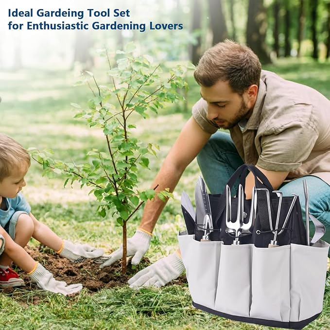 Garden Tool Set Stainless Steel Gardening Kit with Large Capacity Garden Tool Bag Outdoor Hand Tools Black Grey Garden Tool Kit for Women and Men