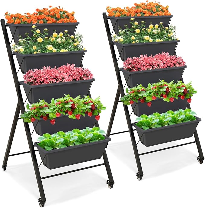 Giantex Set of 2 Vertical Raised Garden Bed on Wheels Elevated Planter Raised Beds with Water Drainage Freestanding 5 Container Boxes for Vegetables and Flowers Growing Outdoor Indoor Patio Balcony