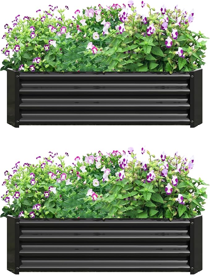 2 Pieces 4×2×1ft Raised Garden Planter Beds Outdoor Metal Planters Metal Flower Pool for Vegetables Herb Flowers Plants (Black)