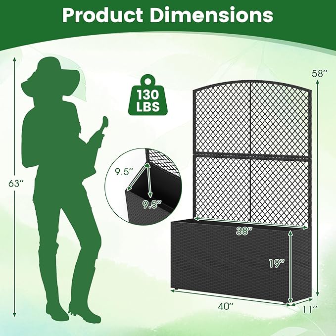 Happygrill Raised Garden Bed with Trellis 58 Wicker Planter Box with Privacy Screen Liner Drainage for Patio Balcony Outdoor PE Rattan Elevated Garden Bed for Climbing Plant Vine Flower (Black2)