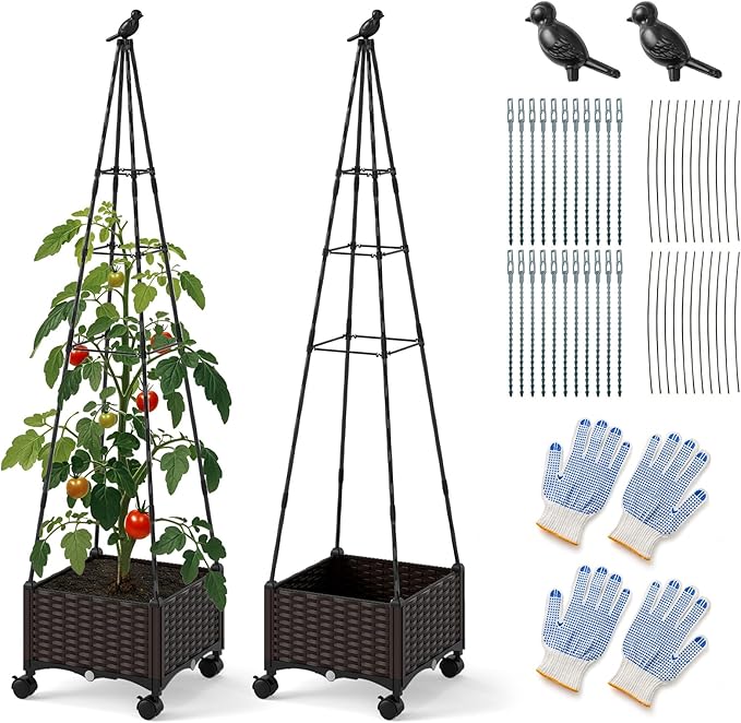 Giantex Set of 2 Raised Garden Bed with Wheels &amp Tomato Cage Self Watering Planter Box with Obelisk Trellis Adjustable Height Indoor Outdoor Planter for Climbing Plant Flower Vegetable Fruit