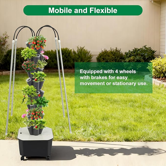 40-Hole Hydroponic Growing Tower with LED Grow Lights &amp Auto Water Pump - 59'' Indoor/Outdoor Vertical Garden System Kit for Vegetables Herbs Strawberries - Space-Saving Wheeled Soil-Free (Gre