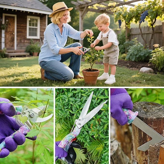 Garden Tool Set 17-Piece Garden Tools with Floral Print 304 Stainless Steel Garden Tools Set Gardening Kit Gardening Gifts for Women Purple