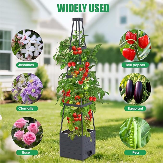 4 Pack Raised Garden Bed Planter Box with Trellis 57 Self-Watering Tomato Cage Planters for Climbing Plants Vegetable Vine Flowers Outdoor &amp Indoor (57x9.8x9.8IN)