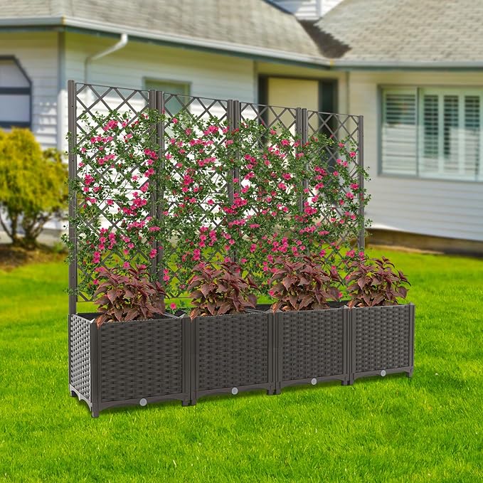 4PCS Plastic Plant Box with Trellis 63x16x56 Planter for Climbing Plant Multifunctional Privacy Screen Planter Rack for Backyard Patio Balcony (Dark Brown)