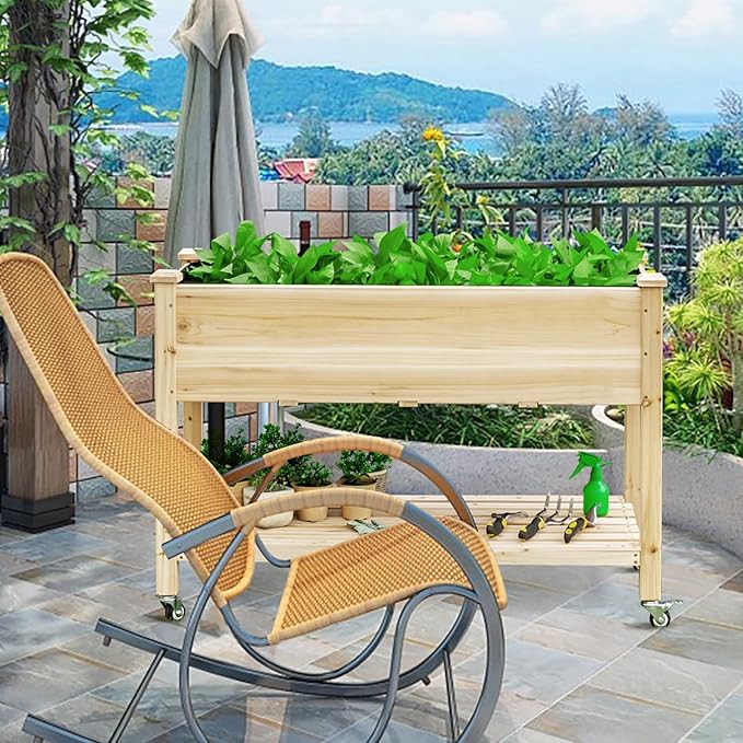 SlickBlue Wood Raised Planter Bed with Wheels Shelf Drainage Liner for Patio