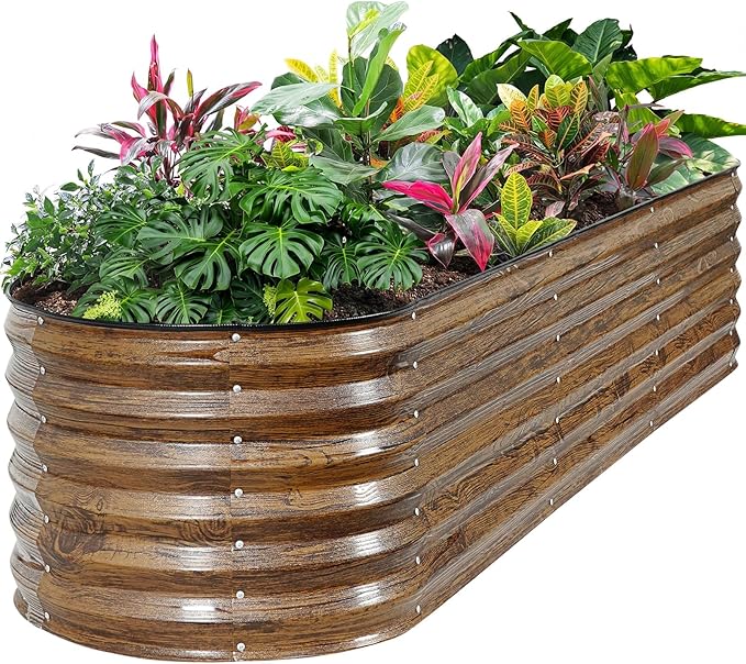 ZORMY Galvanized Raised Garden Bed Outdoor- 8x2x1.4ft Oval Steel Raised Beds for Gardening Metal Planter Box with Protective Strip and Gloves for Vegetables Flowers Fruits(Brown)