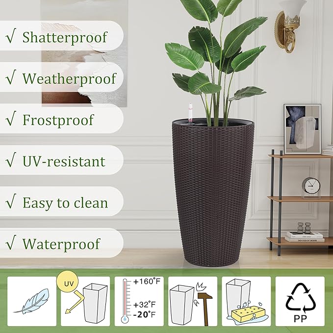 IndoorOutdoor The Appearance is Made of Rattan Planter22.5 inch Brown Plastic Large Plant Pot with Automatic Watering System for Home and G (Brown 22.5 inch 2 Pack)