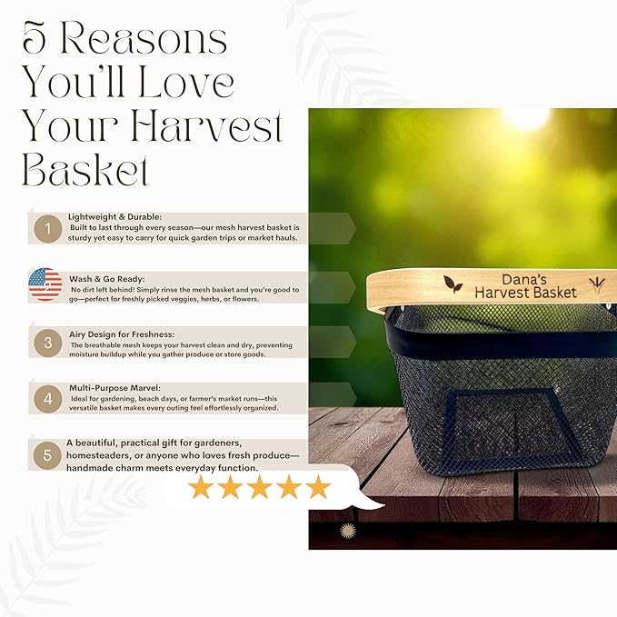 PersonalizedMetal Mesh Harvest Basket with Custom Engraved Handle Gift For Gardeners Vegitable Harvesting Basket Gardening Tools 9x7x7in