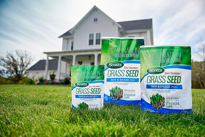 Scotts Turf Builder Grass Seed Sun and Shade Mix with Fertilizer and Soil Improver Thrives in Many Conditions 16 lbs.