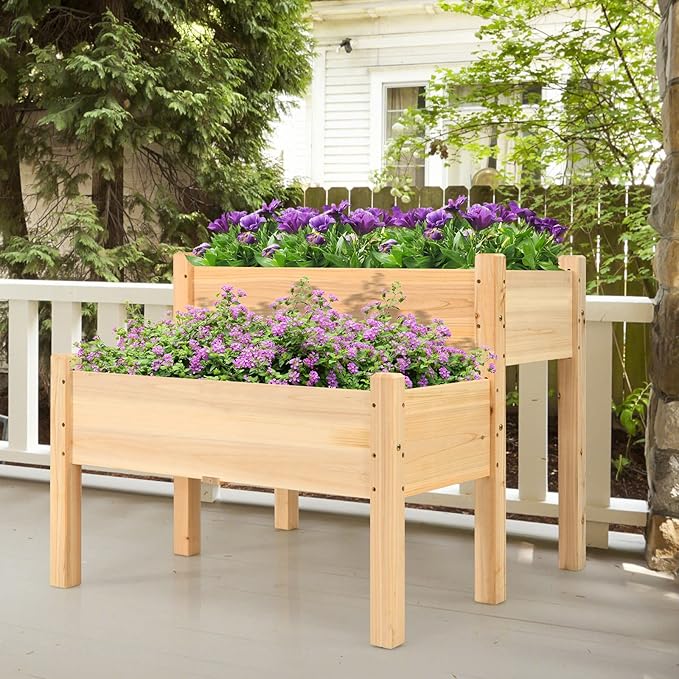 RELAX4LIFE 2-Tier Raised Garden Bed - Fir Wood Garden Elevated Planter Box with Legs 8 Drainage Holes220 Capacity for Growing Vegetable Elevated Garden Bed for Outdoor Yard Patio Balcony (Natural)