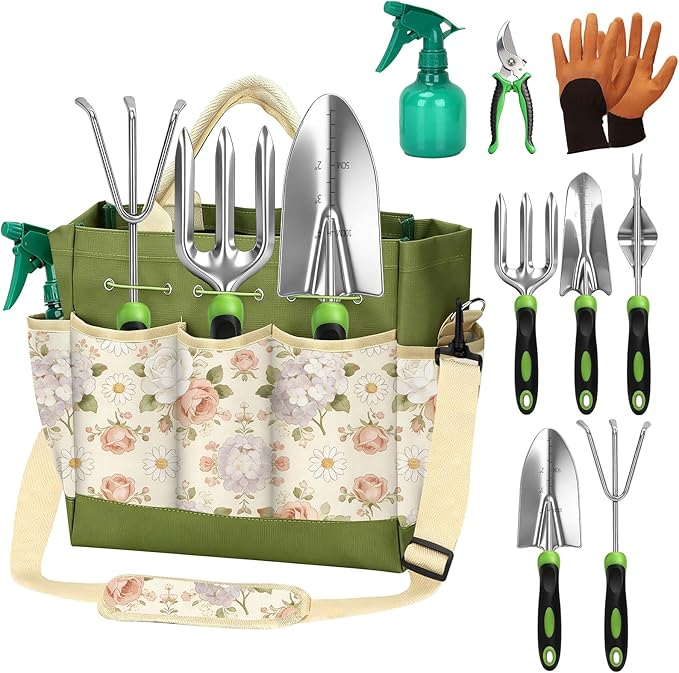 Gardening Tools SetOPPSIUE 9 Pcs Heavy Duty Stainless Steel Gardening Hand Tool Kit with Rubber Non-Slip Handlewith Shoulder Crossbody/Tote BagIdeal Gifts for Women and Men