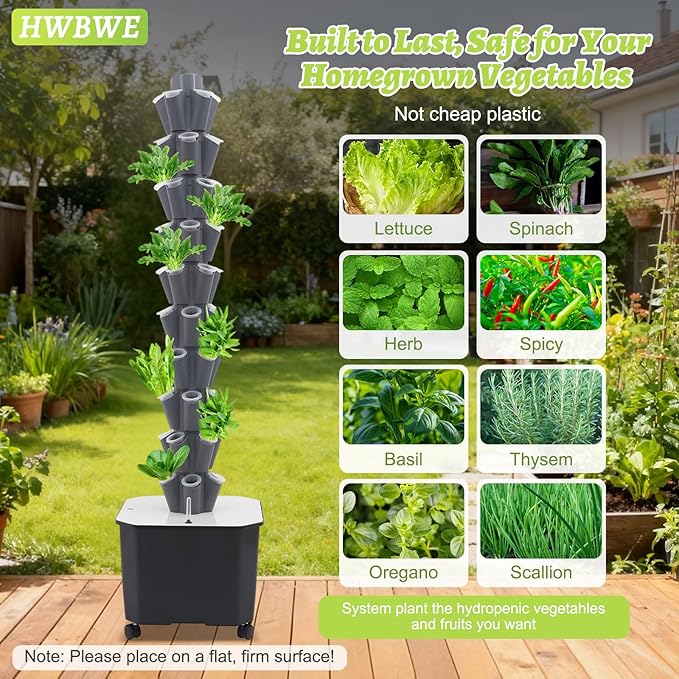 50 Pots Hydroponics Tower 8 Tiers Hydroponics Growing System Tower Vertical Tower Planter Pump Tower with Water Tank Irrigation Pump and Movable Water Tank for Hydroponic Gardening Lovers (Grey)