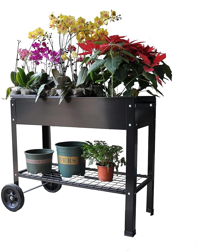 Homtique Outdoor Raised Planter Box with Legs for Gardening Elevated DIY Garden Bed Cart on Wheels for Flower Vegetables Tomato Herb Planting Black