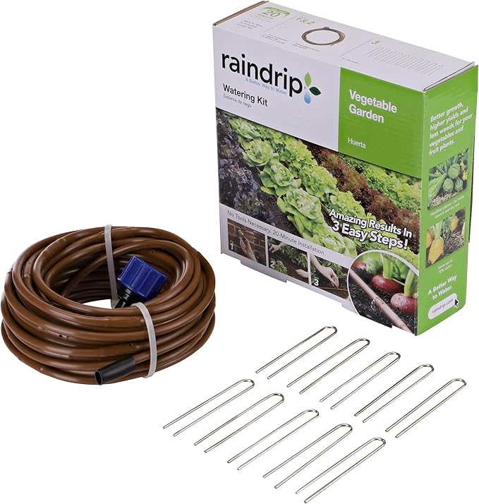 Raindrip R567DT Drip Irrigation Watering Kit for Vegetable Gardens Includes 50 feet of 1/4-Inch Dripline 3/4-Inch FHT Adapter 10 Hold-Down Stakes 1 End Plug