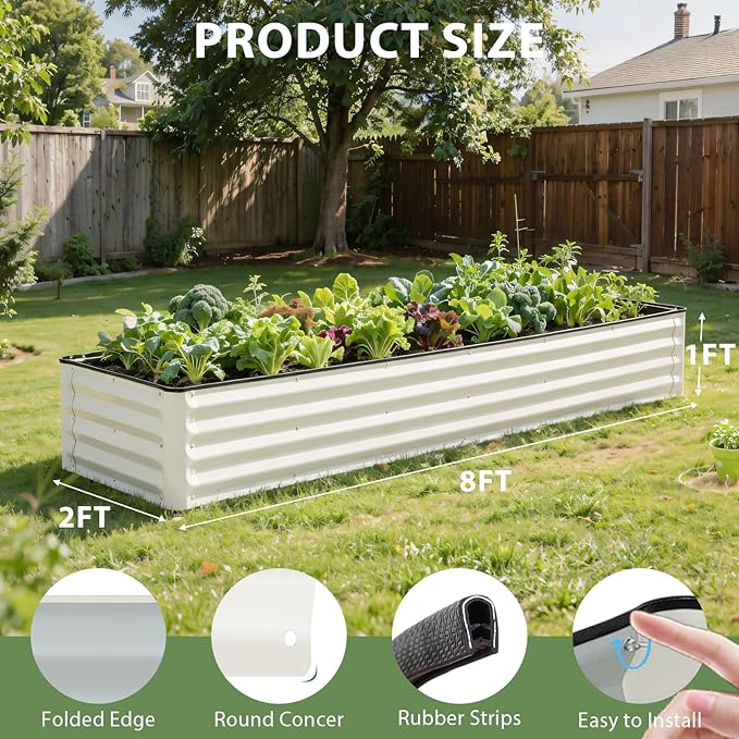 Galvanized Raised Garden Bed – 1 Pack 8x2x1 Ft Patented Leak-Proof Planter Box Outdoor Gardening Metal Raised Garden Beds Kits for Veggies Herbs &amp Flowers (White)