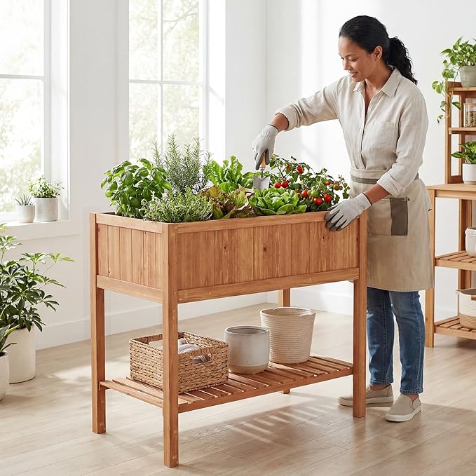 Giantex Raised Garden Bed Wood Planter Box with Plant Stand &amp Black Liner 40x20x39 Raised Bed for Indoor Outdoor Plants Vegetables Flower Herbs Fruit Gardening (2Reddish Brown)