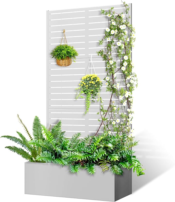 71x35x16 Metal Planter Box with Trellis Raised Garden Bed with Trellis Planter Box &amp Privacy Screen for Climbing Plants Vegetable Vines(White Louvered)