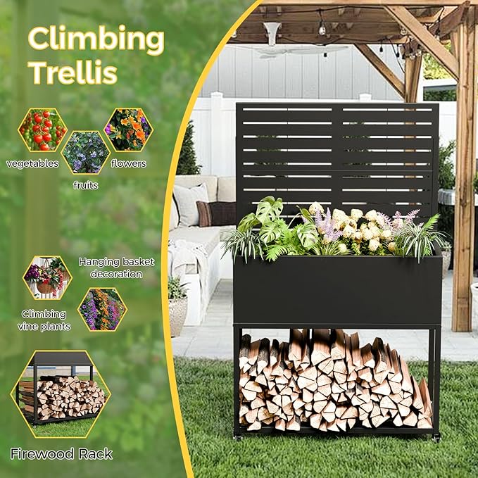 Raised Garden Bed with Trellis Metal Raised Planter Box with Trellis Privacy Planters for Patio Raised Garden Beds Outdoor Standing with Drainage Holes Wheels Black