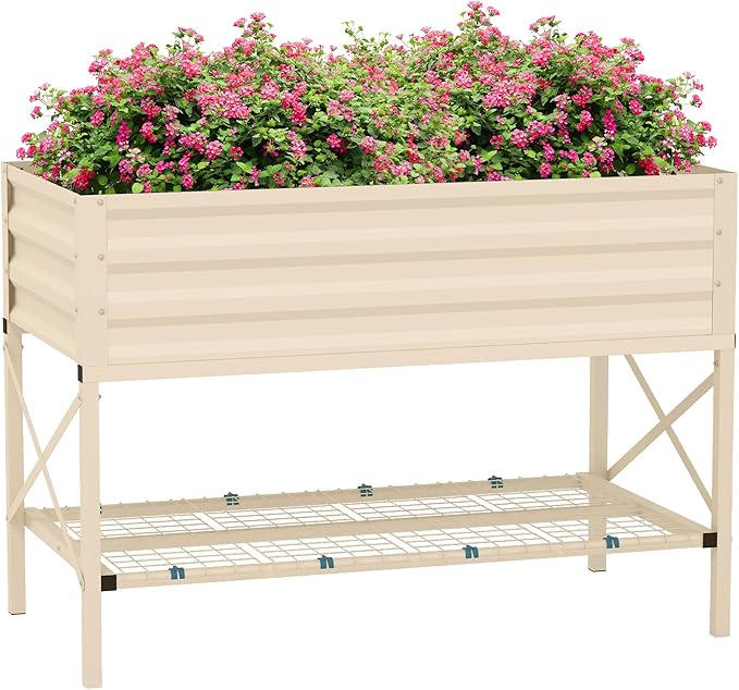 Raised Garden Bed with Galvanized Steel Frame Storage Shelf and Bed Liner Elevated Planter Box with Legs for Vegetables Flowers Herbs Cream