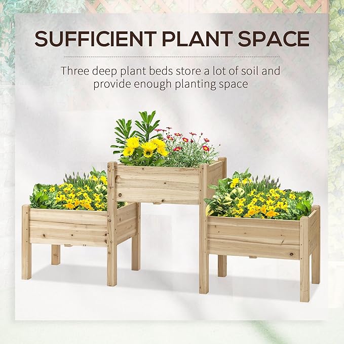 Raised Garden Bed with 3 Planter Box Elevated Wooden Plant Stand with Drainage Holes for Vegetables Herb and Flowers Natural