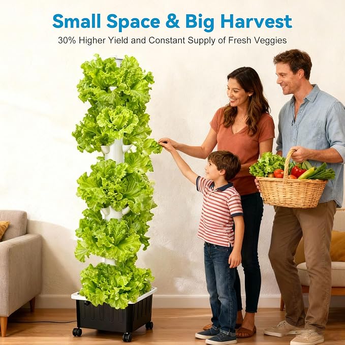 JESLED Hydroponic Growing System 15 Tiers Hydroponic Tower with 5000K Full-Spectrum Grow Lights Dual Timers for Auto Watering &amp Lighting Indoor Vertical Garden with 20L Water Tank High 66.2
