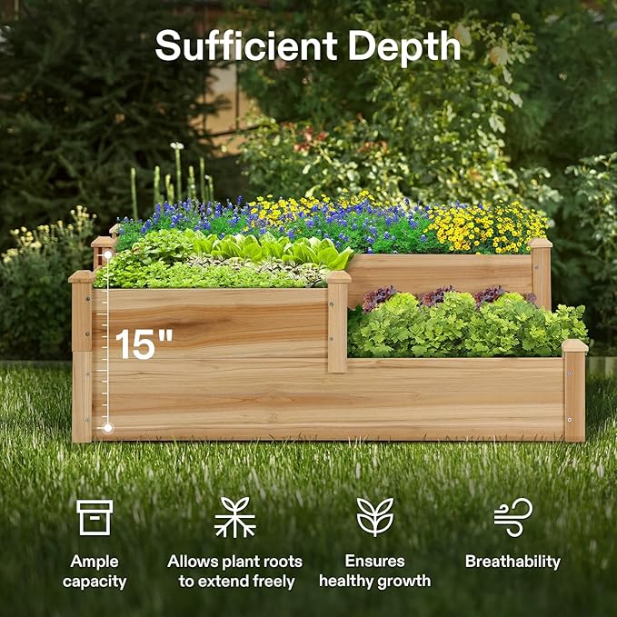 VIVOSUN 3-Tier 3-Grid Wooden Raised Garden Bed 42.5 x 34.5 x 15 Inches Outdoor Elevated Wood Planter Box with Screwdriver for Gardens Patios Backyards Balcony and Outdoors