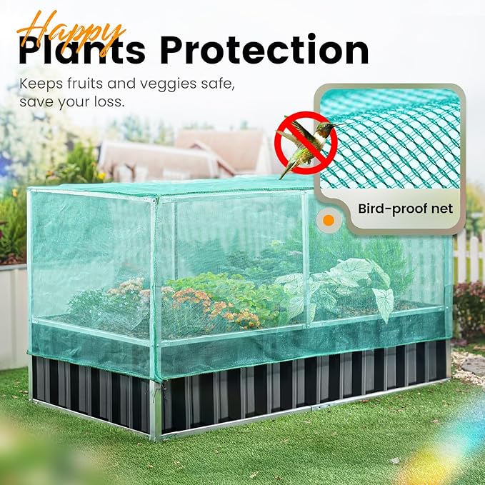 KING BIRD 68 x 36 x 34.6 Raised Garden Bed with Garden Anti-Bird Protection Netting Structure Galvanized Steel Metal Planter Kit Box with 2 Pairs of Gloves Dark Grey