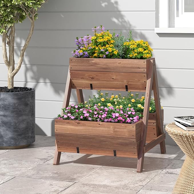 S AFSTAR 21-Inch Vertical Raised Garden Bed 3 Tiered Wooden Planter Boxes 26 L x 29 W x 29 H Drainage Holes Indoor Outdoor Flowerbed Freestanding Elevated Planter Box for Garden Flower Veggies