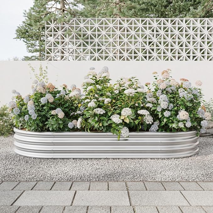 Outdoor Raised Garden Bed for Plants Vegetables and Flowers Oval Large Metal Raised Bed Kit Durable Galvanized Planter Boxes for Garden Backyard Easy Assembly (Silver 88.99x 44.68x11.42 in)