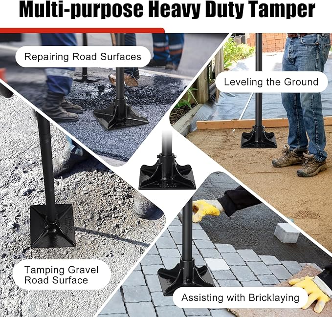 Steel Tamper Tool Heavy Duty Garden Ground Steel Tamper Tool Kit Long Handle 58 Inch 8x8” Square Dirt Hand Tamper Landscaping Garden Tools for Leaving Soil Sand Gravel Asphalt Driveway