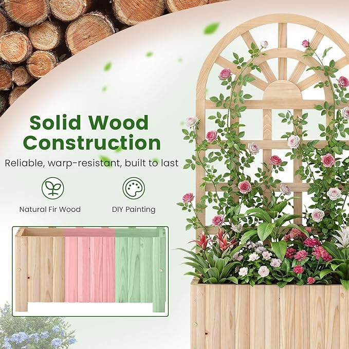 BECOMFORT 48”H Raised Garden Bed with Arched Trellis Fir Wood Planter Box with Privacy Screen &amp Drainage Holes for Balcony Yard Elevated Outdoor Flower Box for Climbing Plants Vegetables &amp