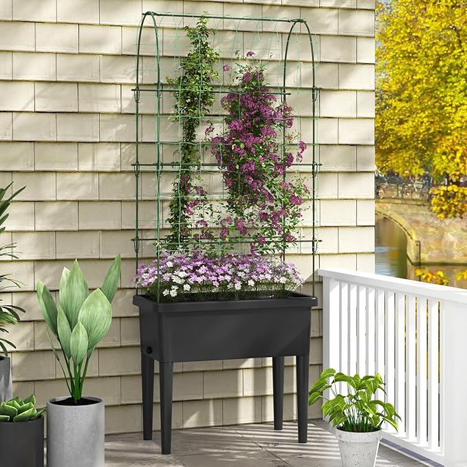 Giantex Raised Garden Bed with Climbing Trellis Self-Watering Elevated Planter Water Level Indicator &amp Drainage Hole Plant Raised Bed for Cucumber Vegetables Fruits Herbs