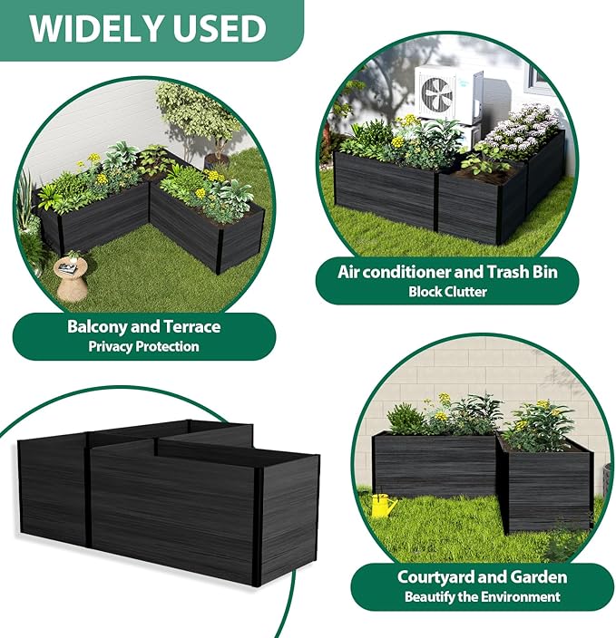 Modular Raised Garden Bed - Expandable Design with Composite Panels &amp Aluminum Frame - Perfect for Flowers Vegetables Herbs - Outdoor Planter Cuboid Box for Patio Balcony Backyard (Black)
