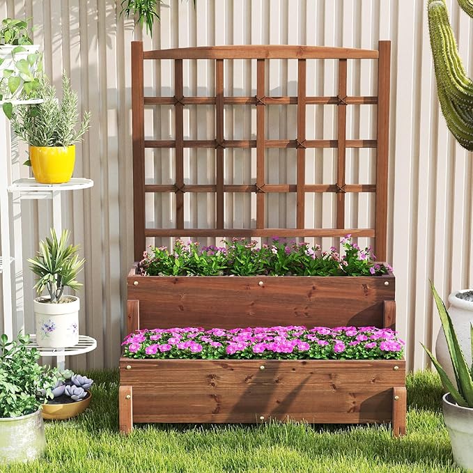 2 Pieces Raised Garden Bed with Trellis 2-Tier Wooden Elevated Planter Box with Legs Hemp Rope &amp Drainage Holes Raised Plant Bed for Backyard Garden Lawn