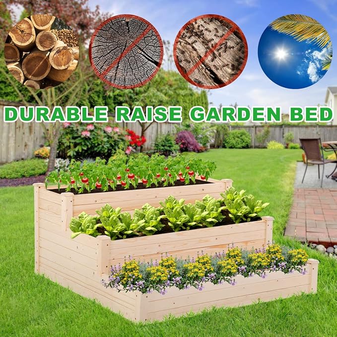 3-Tier Raise Garden Bed Elevated Wooden Planter Box Kit Standing Planter Grow Box Plants Bed for Outdoor Patio Greenhouse Planting Vegetable Herb Flowers and More 48X48X22 Inch