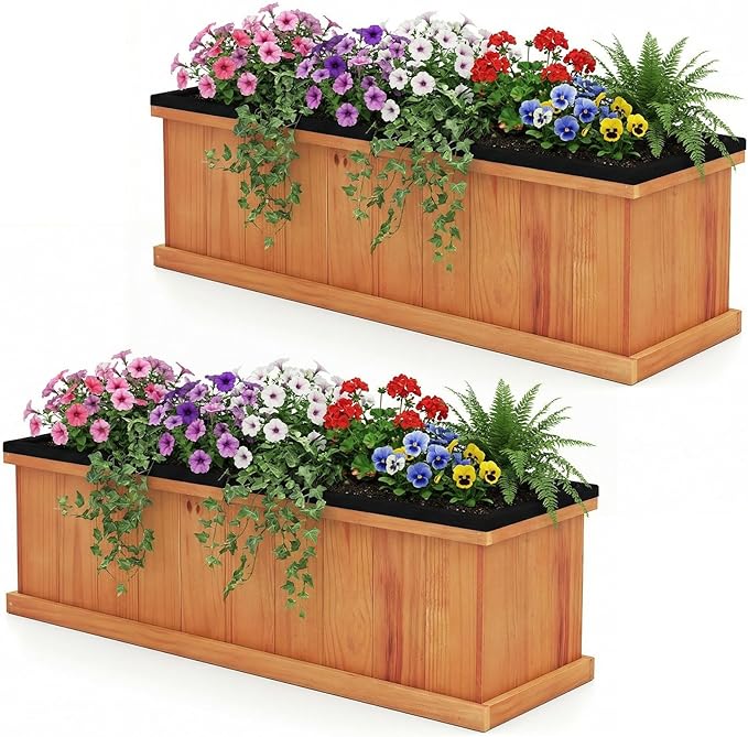 Giantex Outdoor Raised Garden Bed Set of 2 40” x 13” x 12” Pine Wood Planter Box w/ 3 Drainage Holes Removable Bottom &amp Bed Liner Rectangular Flower Container for Vegetables Herbs Indoor &amp