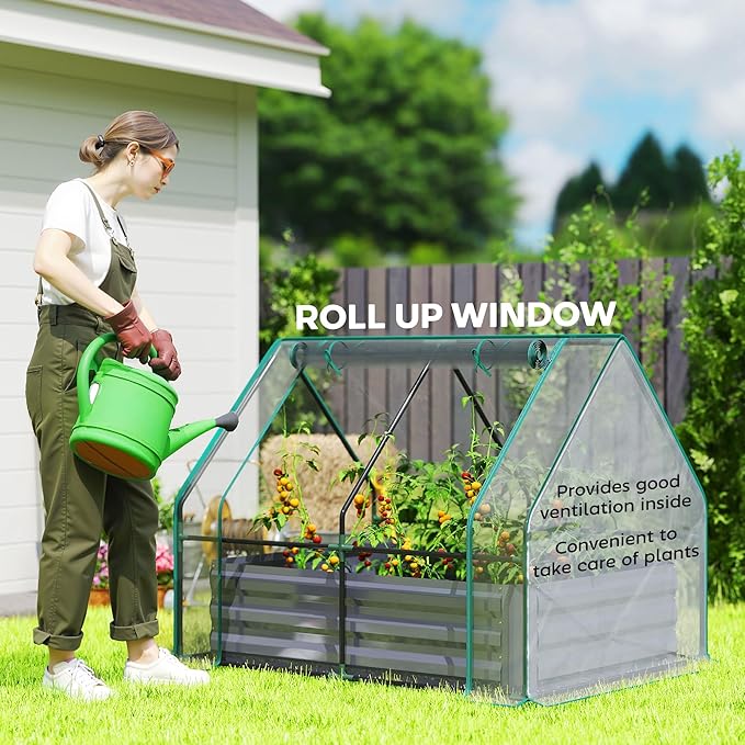 Outsunny 4 x 3 x 3ft Raised Garden Bed with Mini Greenhouse Galvanized Raised Garden Bed with Cover for Herbs and Vegetables Small Greenhouse for Patio Garden Balcony Clear and Dark Gray