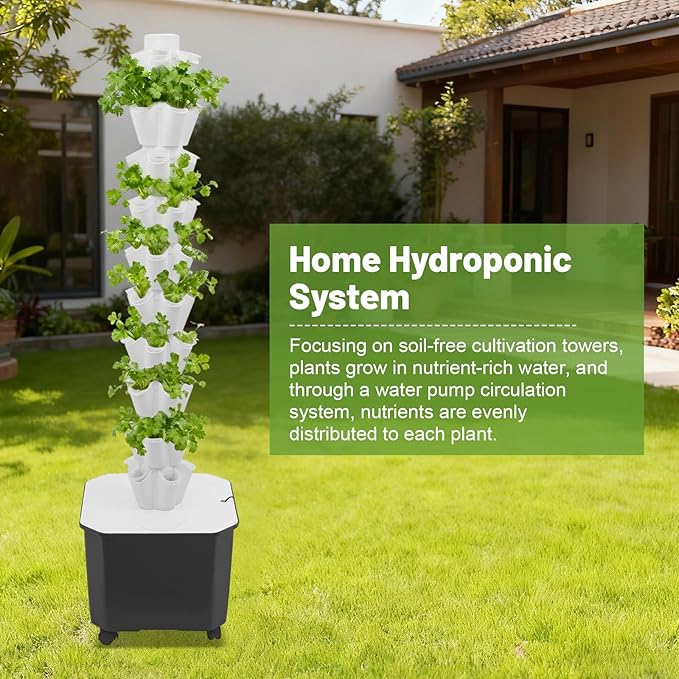 10 Layer Hydroponic Towers Growing System 50 Pods Hydroponic Grow Towers Kit with Water Pump and Movable 11.89Gal Water Tank Indoor/Outdoor for Vegetable Strawberries Lettuce (White)