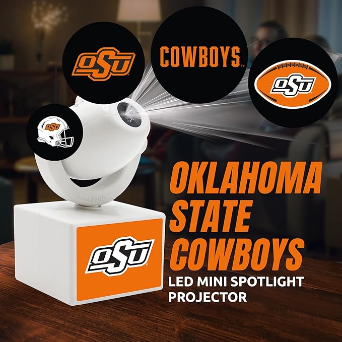Sporticulture NCAA American Football Oklahoma State Cowboys - Adjustable Led Mini Spotlight Projector with 6 Team Logo Designs - Portable &amp Rechargeable Spotlight - Battery-Operated - 4.375” x 3.1