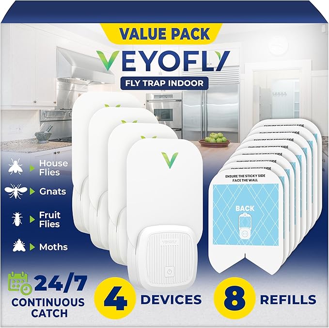 VEYOFLY Fly Trap Indoor Fruit Fly Traps for Indoors (4 Device + 8 Refills) Gnat Traps for House Indoor Fly Catcher Indoor Plug in Light Flying Insect Trap Bug Light Killer Fly Trap