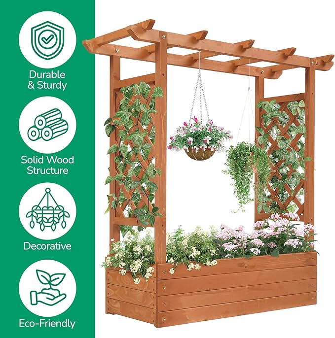 Raised Garden Bed with Trellis Wooden Elevated Planter Box w/Hanging Roof Drainage Holes &amp Removable Bottom Panels Indoor Outdoor Wood Planter for Yard Patio