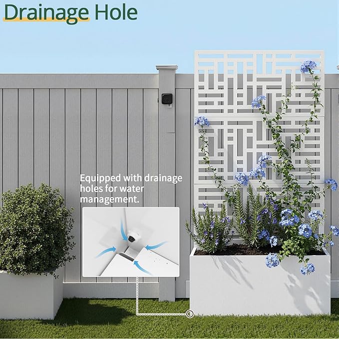 Outvita Metal Planter Box with Trellis 71’’ x 36’’ x 16’’ Raised Garden Bed with Drainage Holes for Climbing Plants Vegetables Vines Privacy Planters for Patio (White)