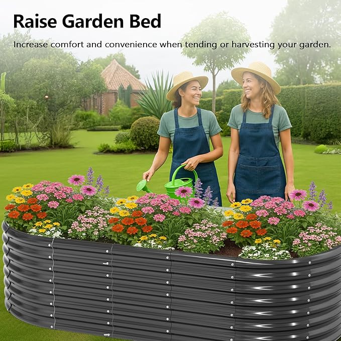 VINGLI 8x4x2ft Raised Garden Bed Oval Planter Boxes Outdoor Galvanized Raised Garden Beds for Gardening Easy Assembly Planter Boxes for Vegetables (Black)