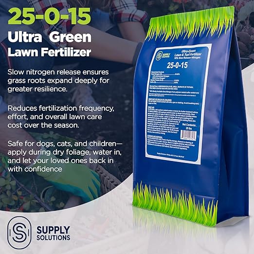 Supply Solutions 25-0-15 Ultra Green Lawn and Turf Fertilizer - 16% Slow Release Nitrogen - Promotes Lush Green Lawns and Strong Root Growth Reduces Mowing Frequency (25 Pounds)