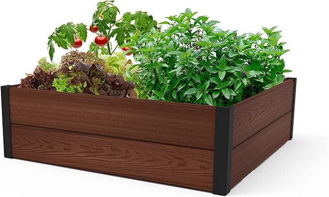 Keter 48 X 48 inches Wood Look Raised Garden Bed Durable Outdoor Herb Garden Planter for Vegetables Flowers and Succulents Brown