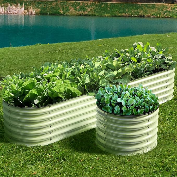 Olle 4-Style Modular Galvanized Raised Garden Beds Outdoor Easy Quick Setup 17 Tall 4-in-1 Metal Planter Boxes Outdoor for Flowers Vegetables Fruits Herbs DIY Gardening Sage Green