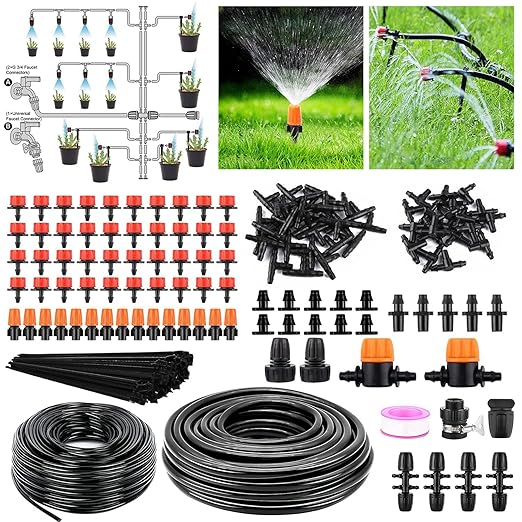KOCASO Drip Irrigation System Automatic Drip Irrigation Kit Misting Plant Watering Drip Kit with 2 G 3/4 adapters &amp 1 no-Thread Universal Adapter for Garden Greenhouse Flower Bed Patio Lawn