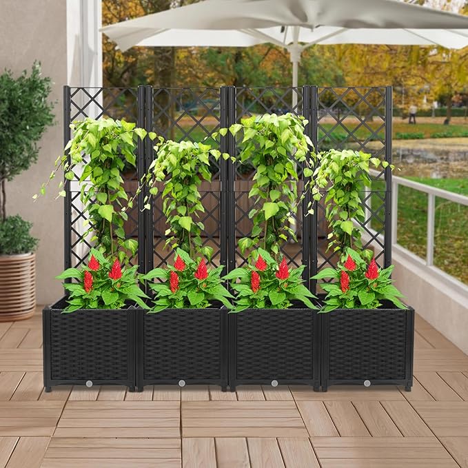 4 PCS Plastic Plant Box with Metal Trellis Raised Garden Bed with Trellis Planter for Climbing Plant Metal Planter Box with Privacy Screen for Backyard Patio